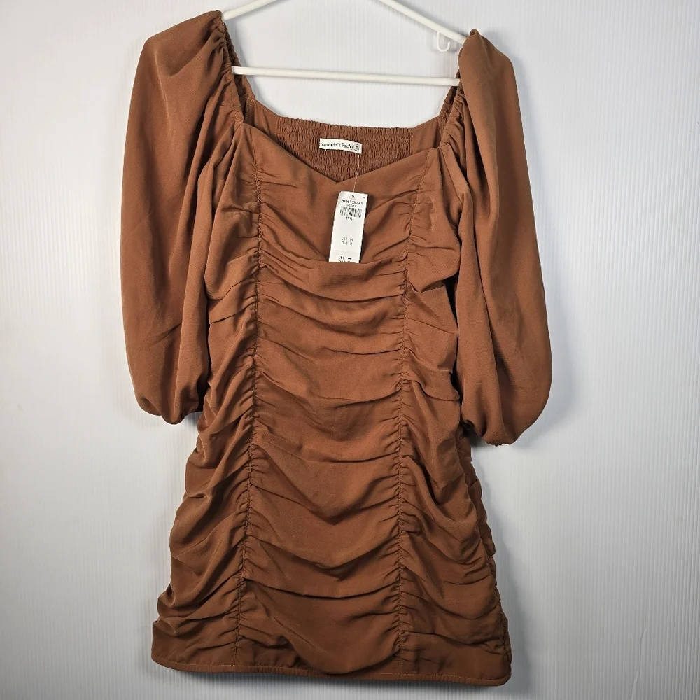 NWT Abercrombie & Fitch Womwn's Ruched Mini Dress Puff Elbow Sleeve Cognac SizeS - Picture 3 of 14